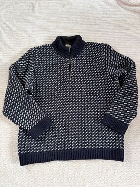 L.L. Bean Navy and White Zip-Front Patterned Wool Sweater